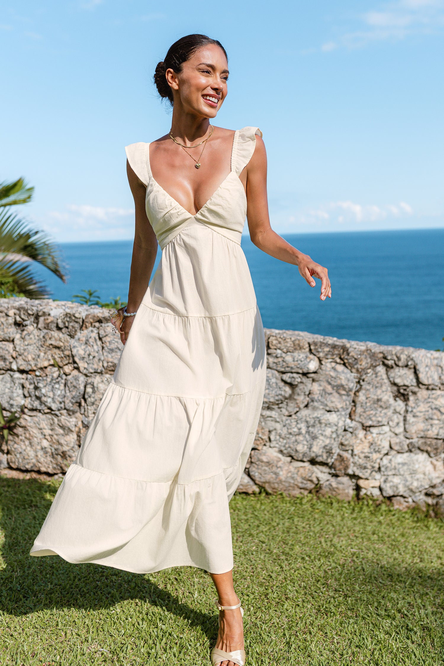Beiges V-Ausschnitt Midi-Cocktailkleid