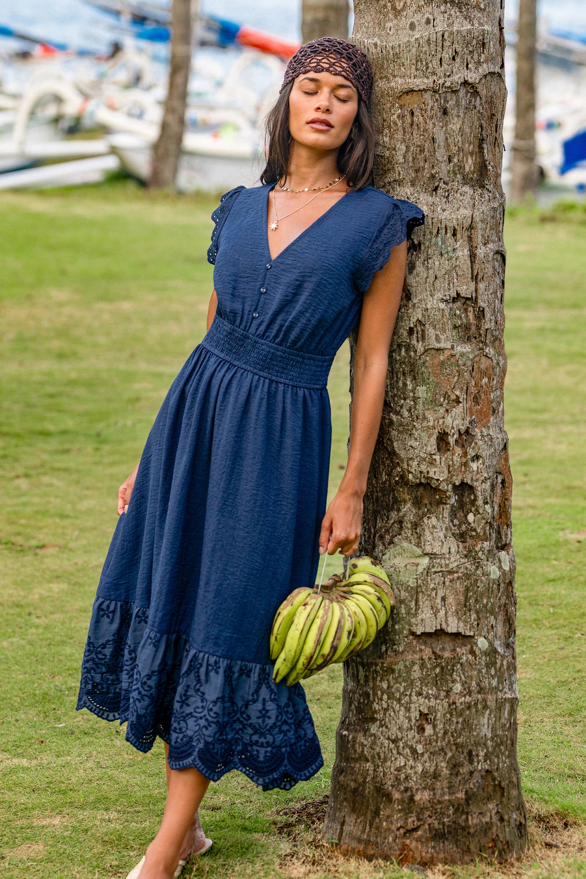 Marineblaues V-Ausschnitt Midikleid