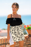 Schwarzer schulterfreier Romper mit Blumenprint