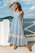 Blau Gestreiftes Eckiger Ausschnitt Maxikleid