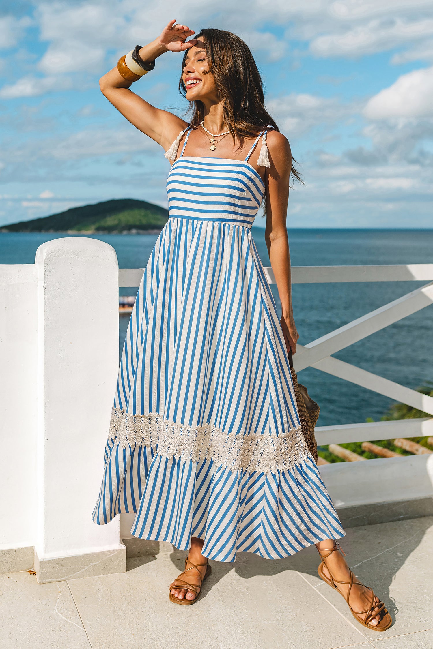 Blau Gestreiftes Eckiger Ausschnitt Maxikleid