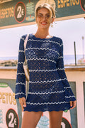 Blau Gestreiftes Langarm Mini-Strick-Strandkleid