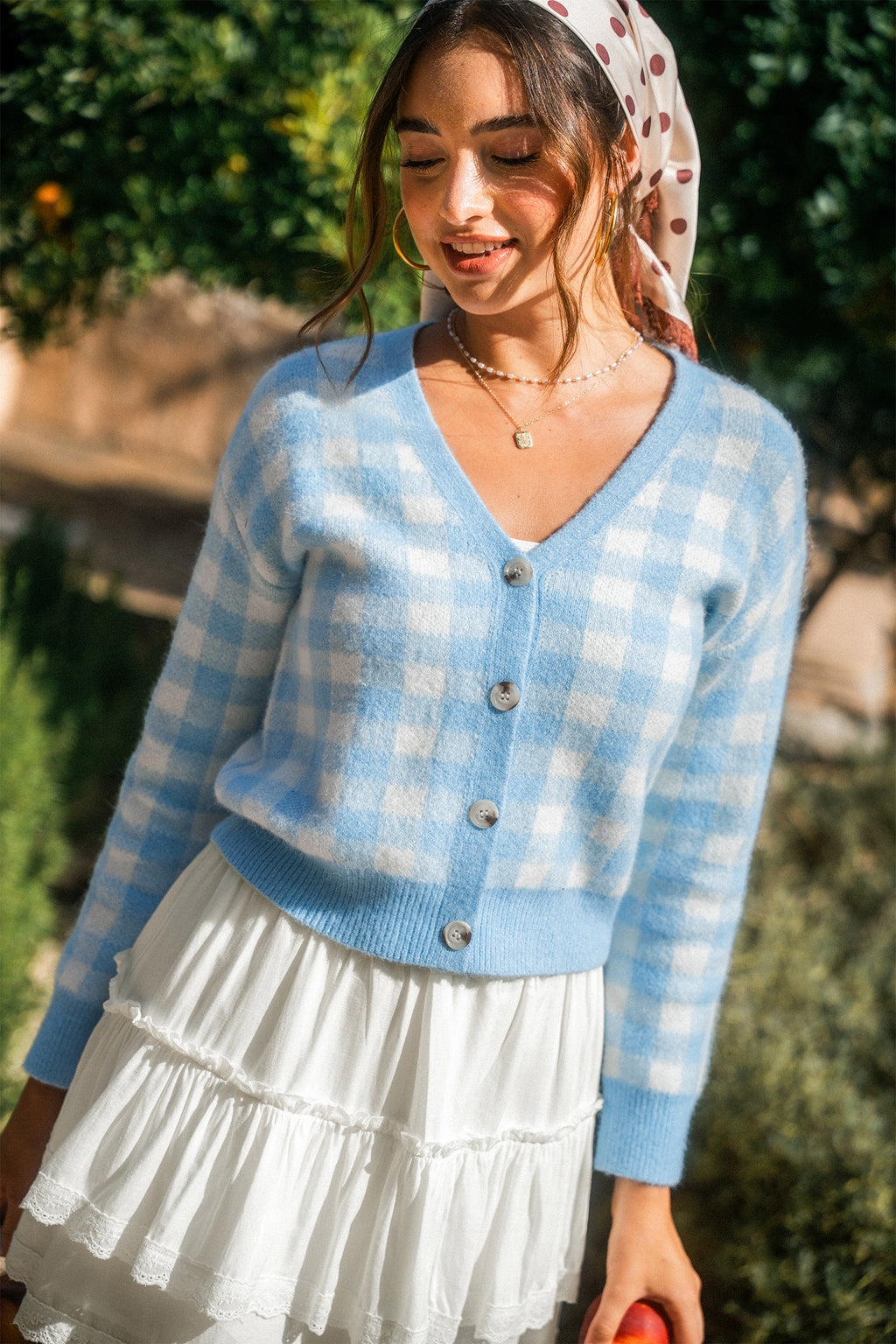 Blau Karierte Strickjacke mit V-Ausschnitt