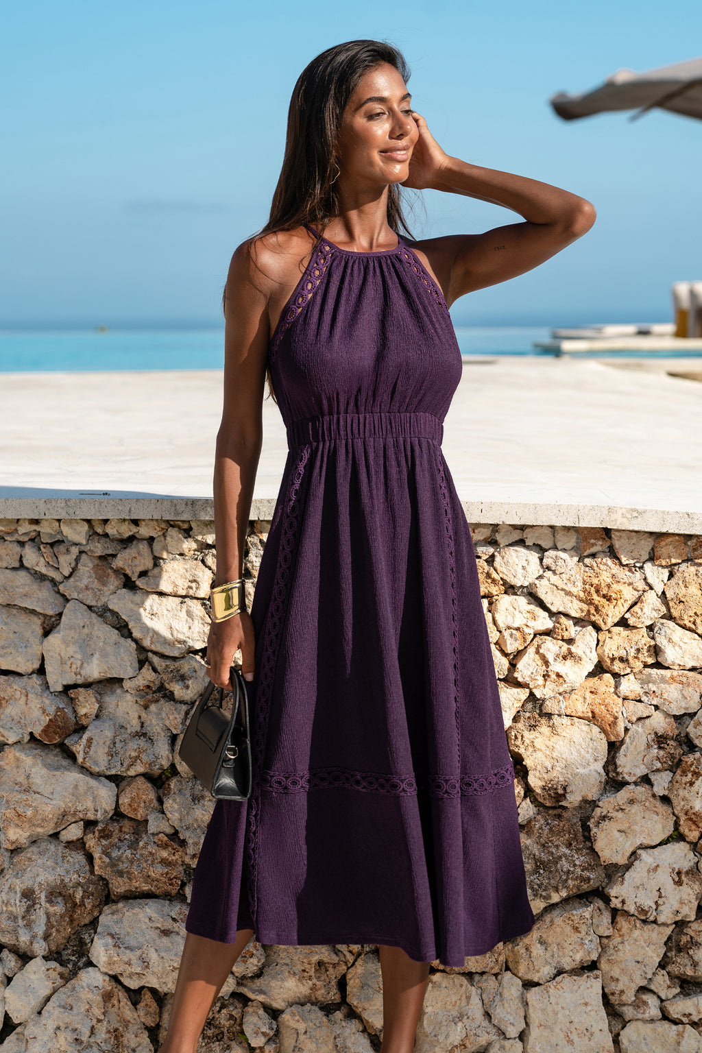 Lila Ärmelloses Midi-Abendkleid mit Rundhalsausschnitt