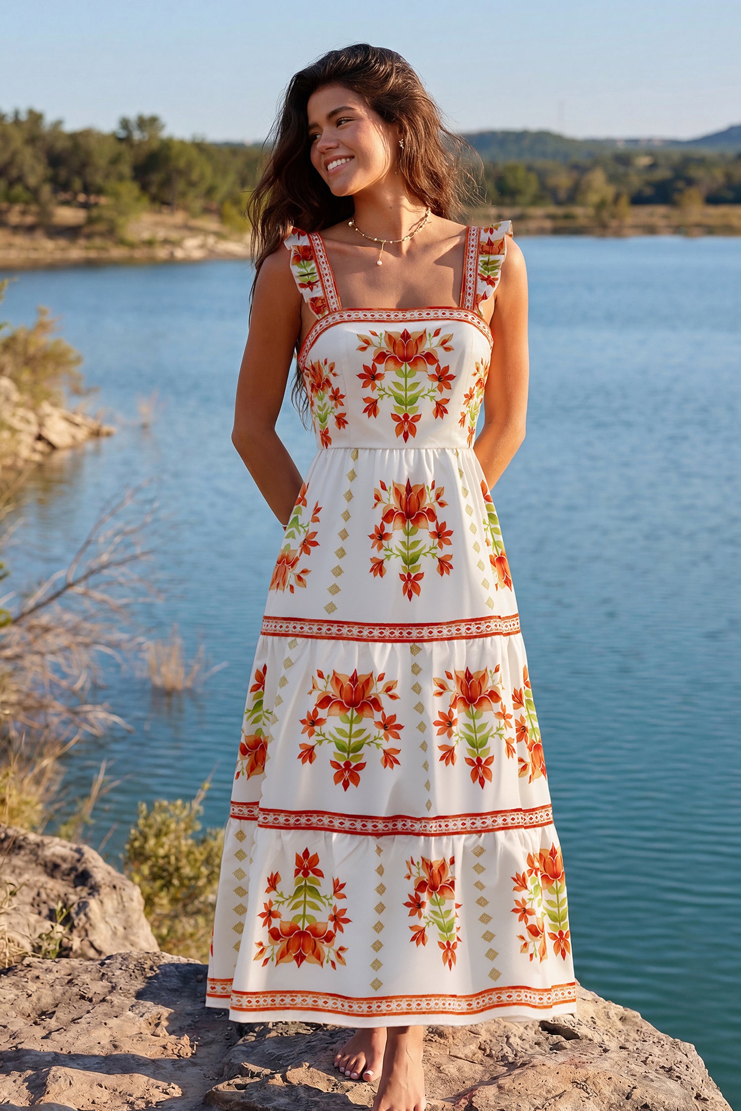 Orange Geblümtes Eckiger Ausschnitt Maxi-Urlaubs-Sommerkleid