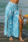Blau-Weiß geblümte Strandhose mit gesmoktem Bund