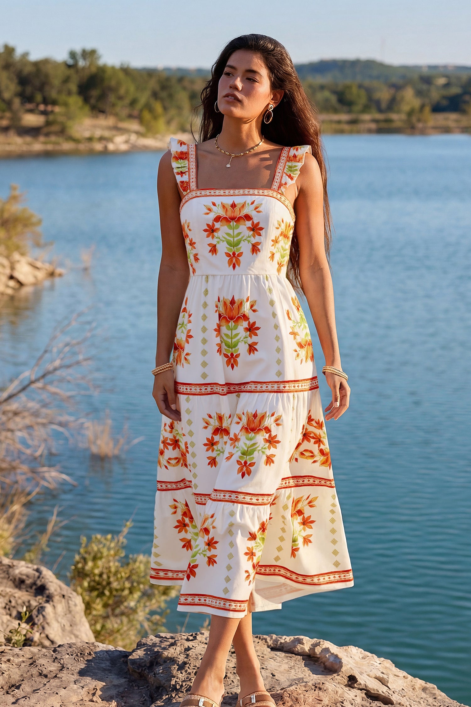 Orange Geblümtes Eckiger Ausschnitt Maxi-Urlaubs-Sommerkleid