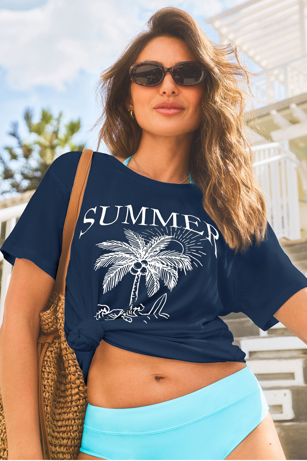 Blaues Kurzarm Rundhals T-Shirt mit Grafik-Print