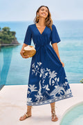 Blau tropisches Midi-Strandkleid mit V-Ausschnitt