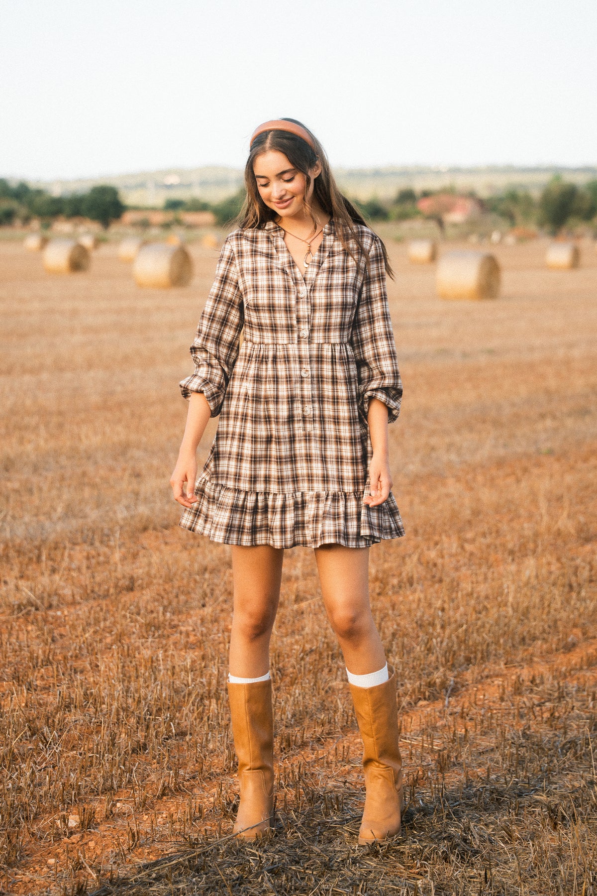 Braun Kariertes Langarm Minikleid