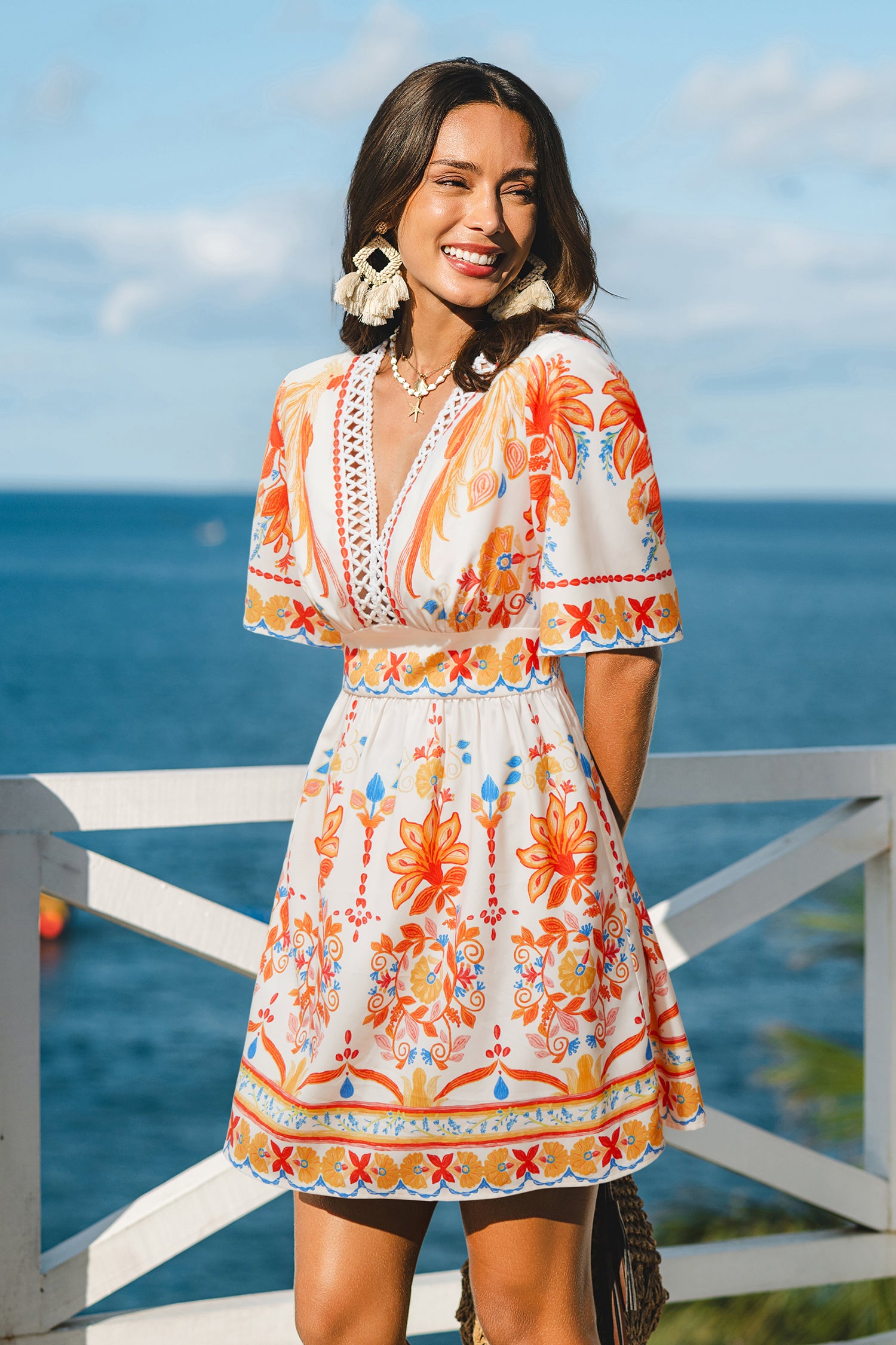 Orange Tropisches Mini-Strandkleid mit tiefem Ausschnitt