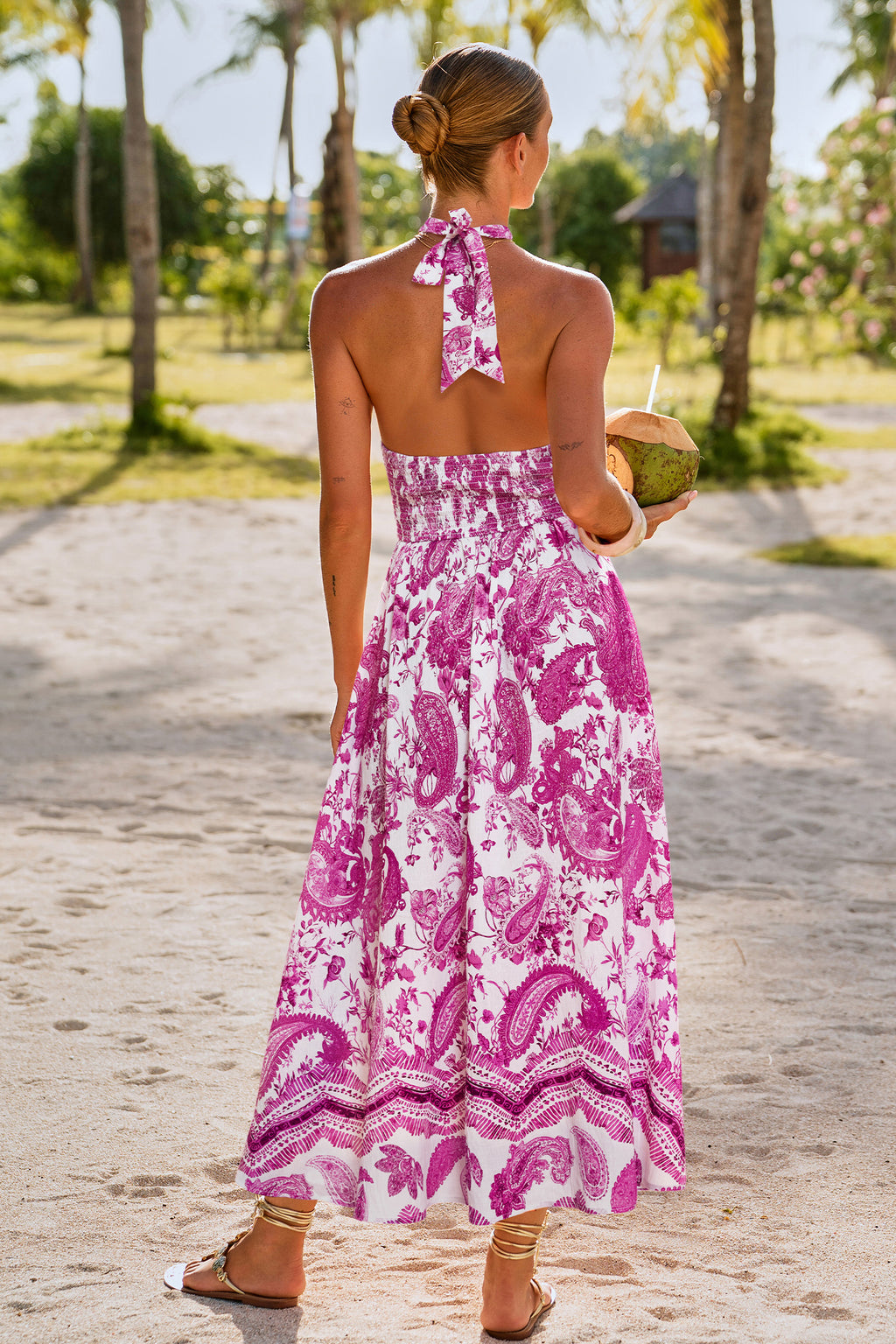 Rosa Paisley Ärmelloses Hoher Ausschnitt Maxikleid