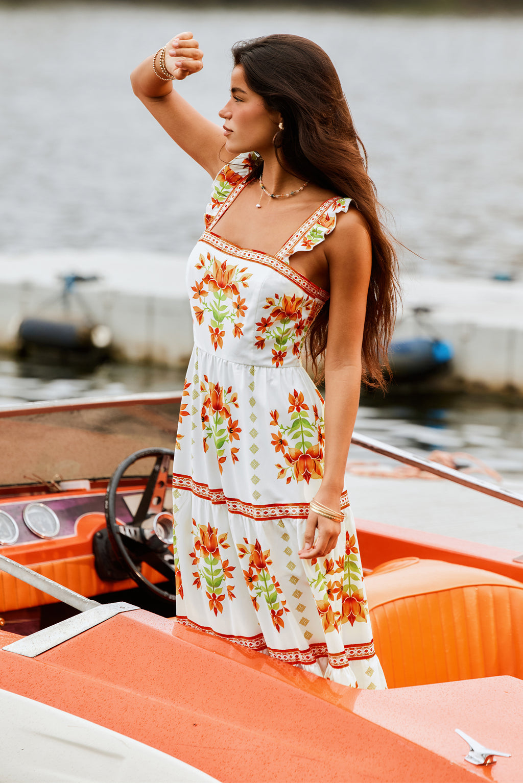 Orange Geblümtes Eckiger Ausschnitt Maxi-Urlaubs-Sommerkleid