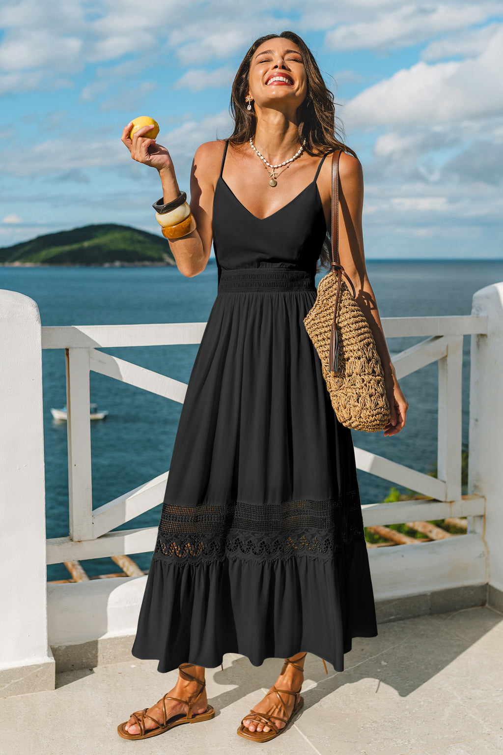 Schwarzes Ärmelloses V-Ausschnitt Maxi-Strandkleid