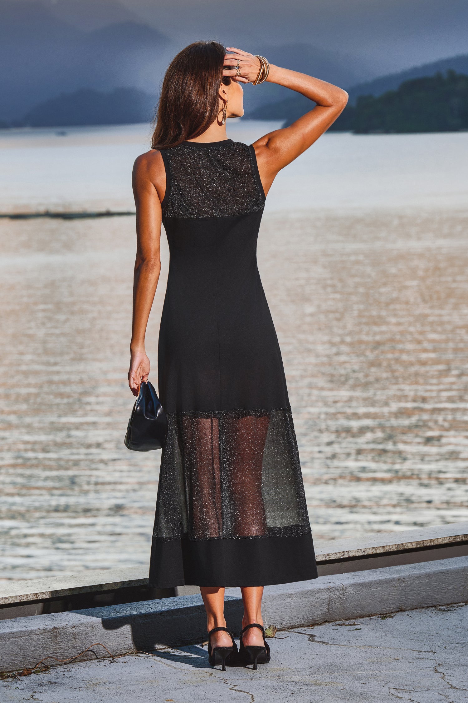 Schwarzes Festliches Mesh-Maxikleid
