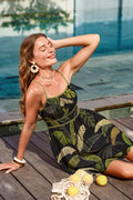 Mini-Strandkleid mit U-Ausschnitt und Blätterprint