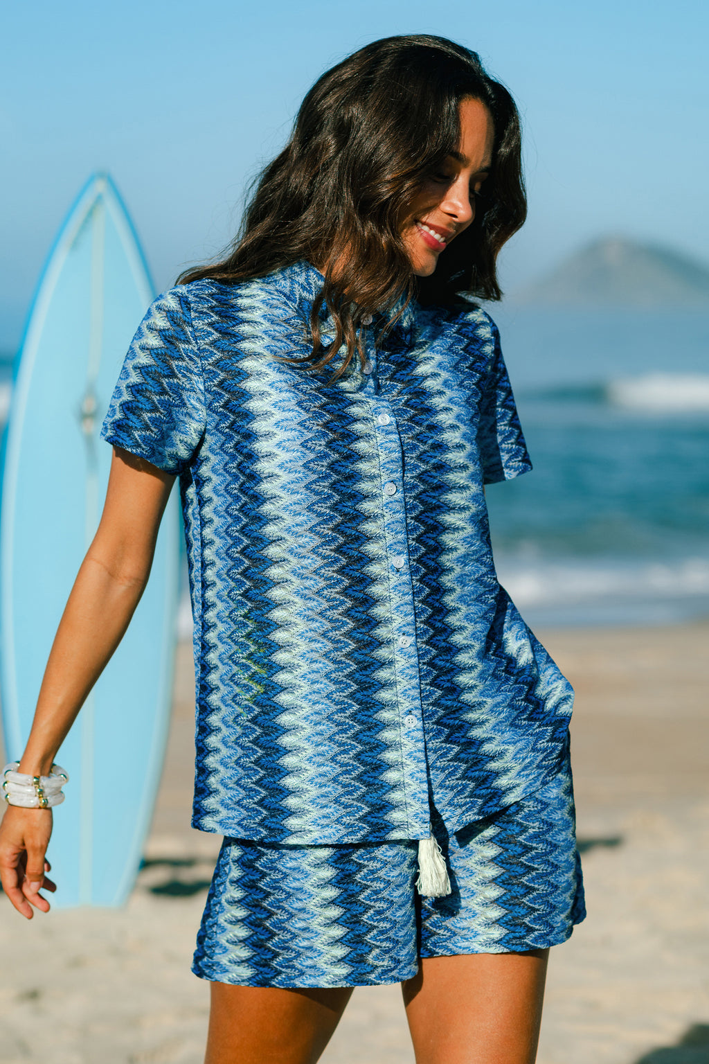 Blaue Kurzarm Bluse