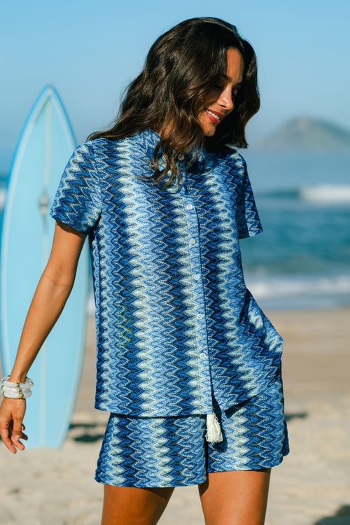 Blaue Kurzarm Bluse