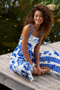 Blau Geblümter Quadratischer Ausschnitt Jumpsuit