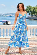 Blau tropisches Maxi-Strandkleid mit tiefem Ausschnitt