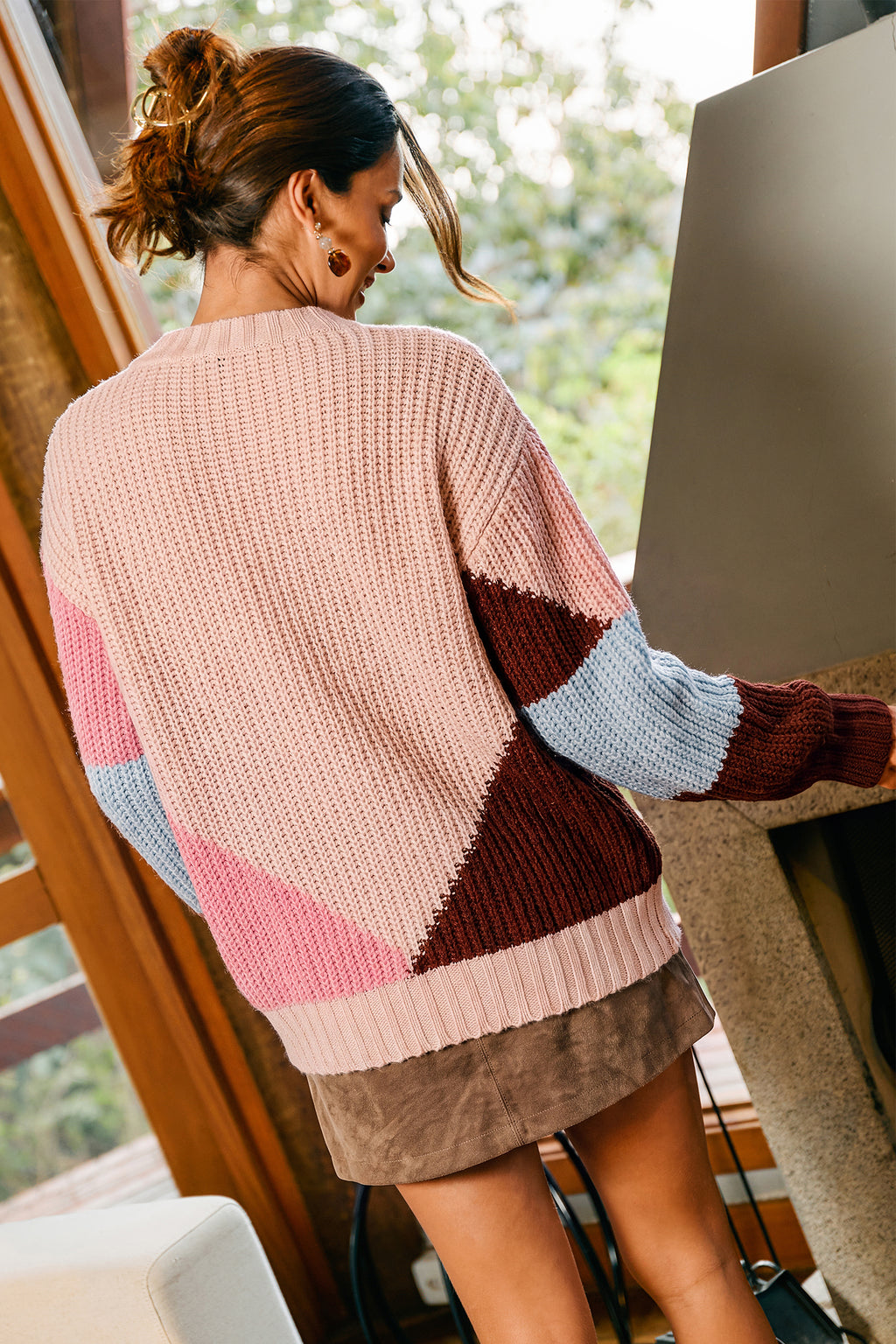 Farbblock-Langarmpullover mit lockerer Passform