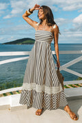 Gestreiftes Eckiger Ausschnitt Maxi-Strandkleid mit Spitzenbesatz