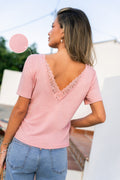 Rosa V-Ausschnitt Kurzarmshirt