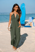 Olivgrüner Neckholder-Jumpsuit mit tiefem Ausschnitt