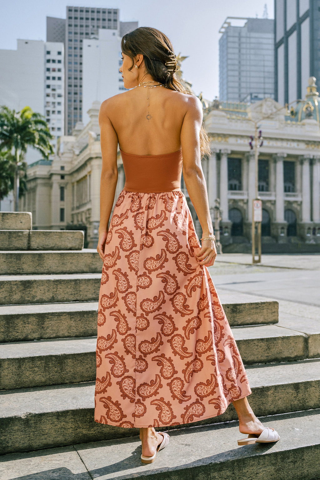 Orange Bandeau-Maxikleid mit Paisley-Muster