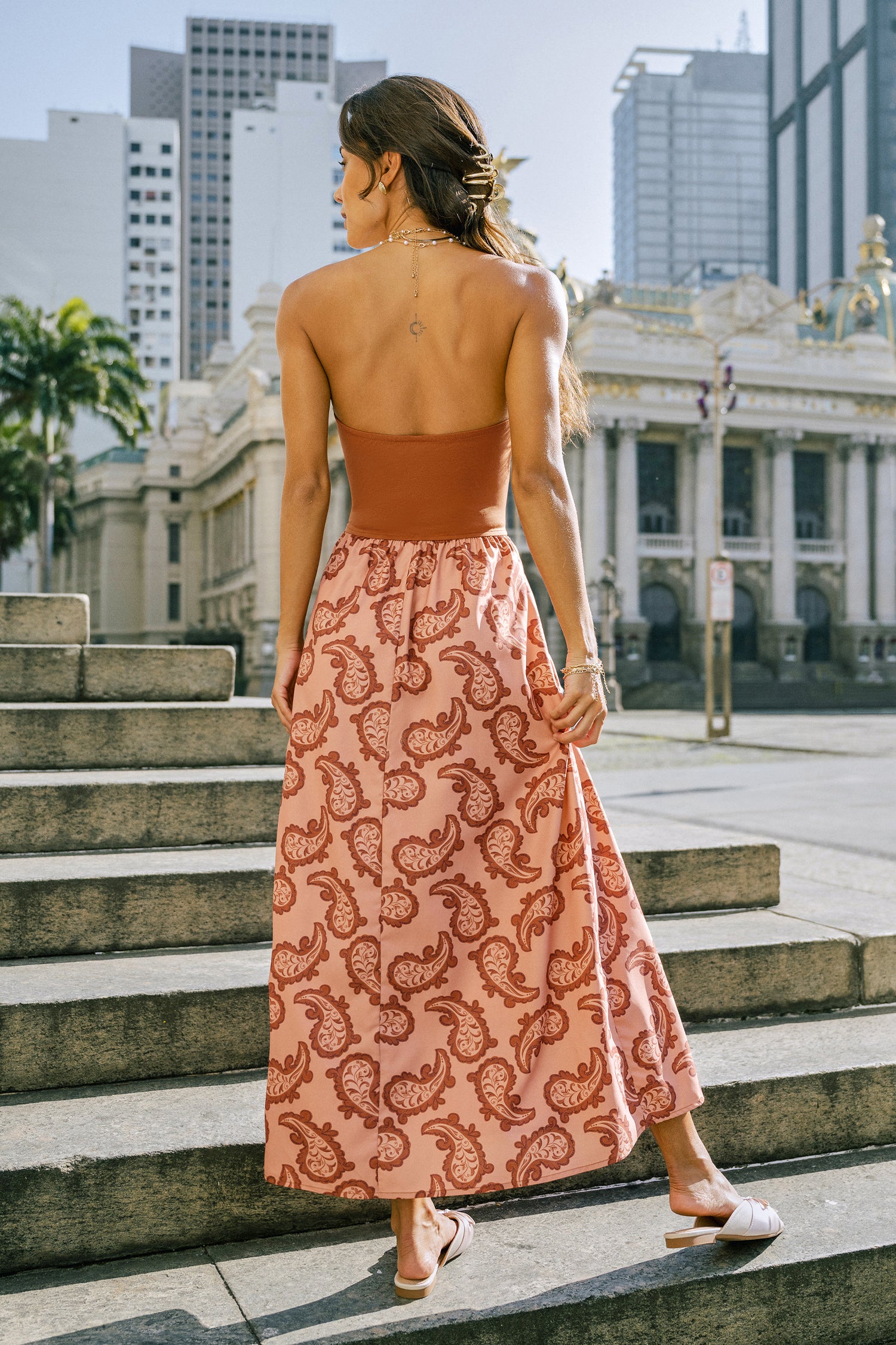 Orange Bandeau-Maxikleid mit Paisley-Muster