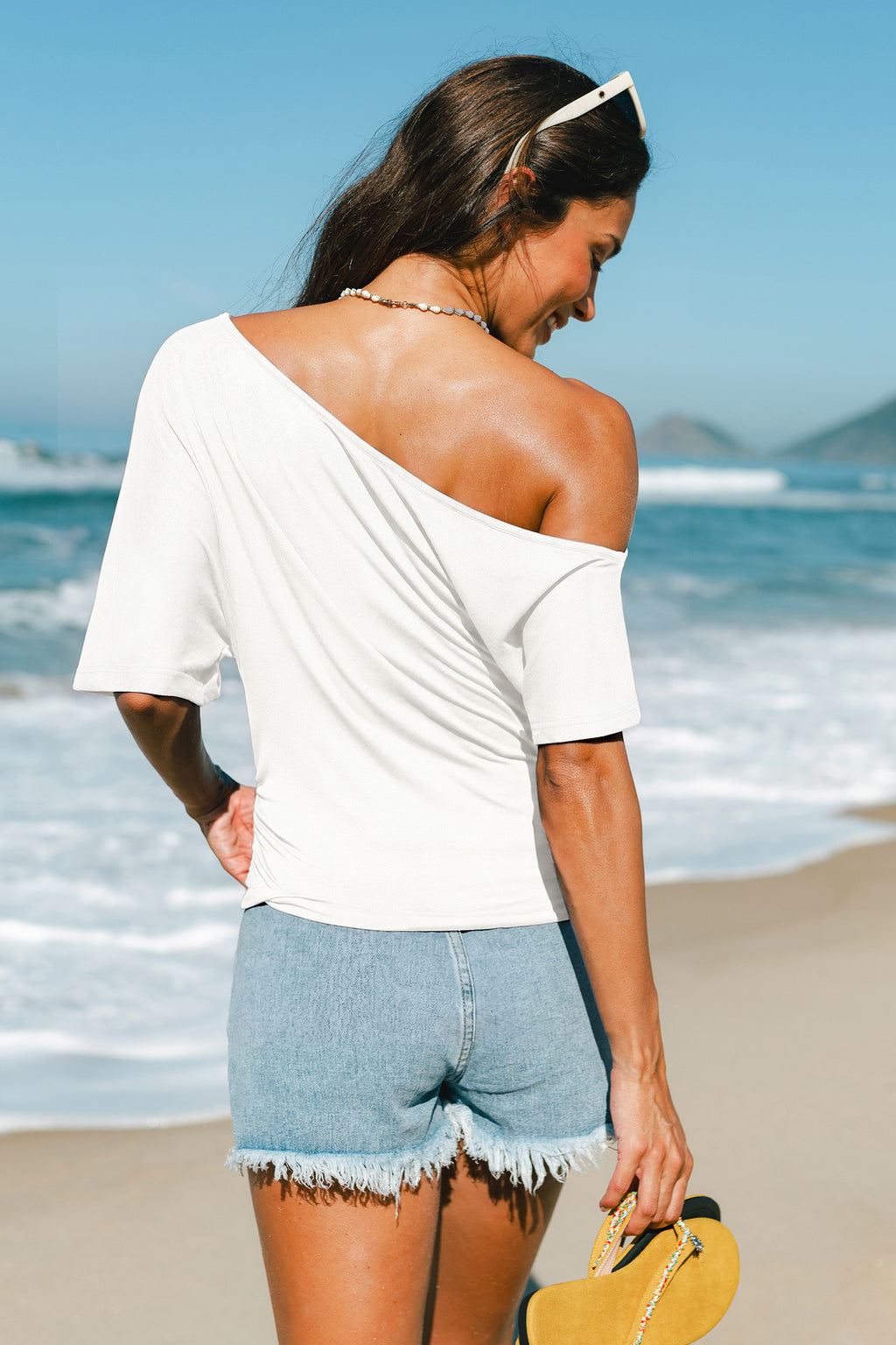 Weißes Geraffte Taille Kurzarmshirt mit asymmetrischem Ausschnitt