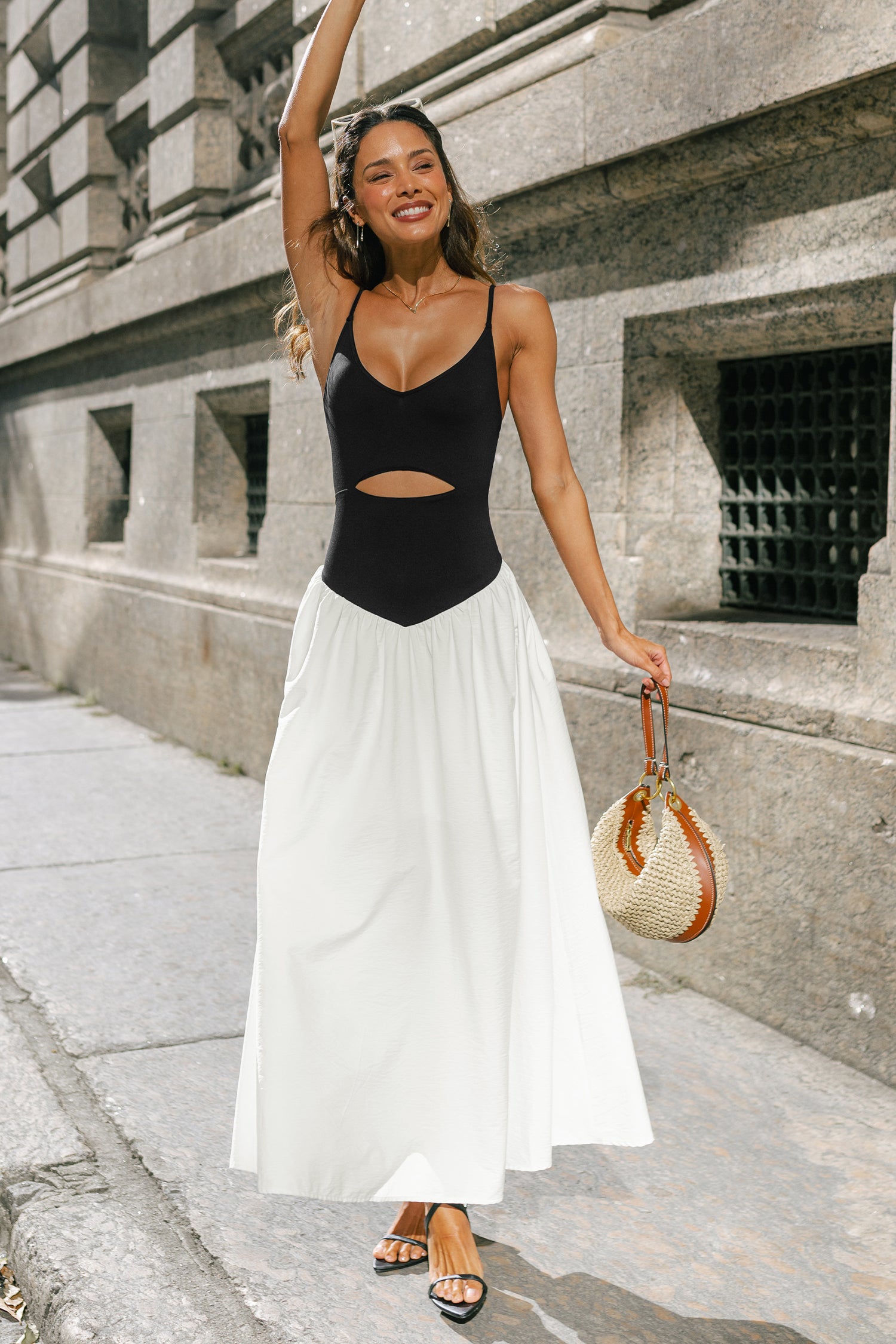 Farbblock Maxi-Abendkleid mit V-Ausschnitt