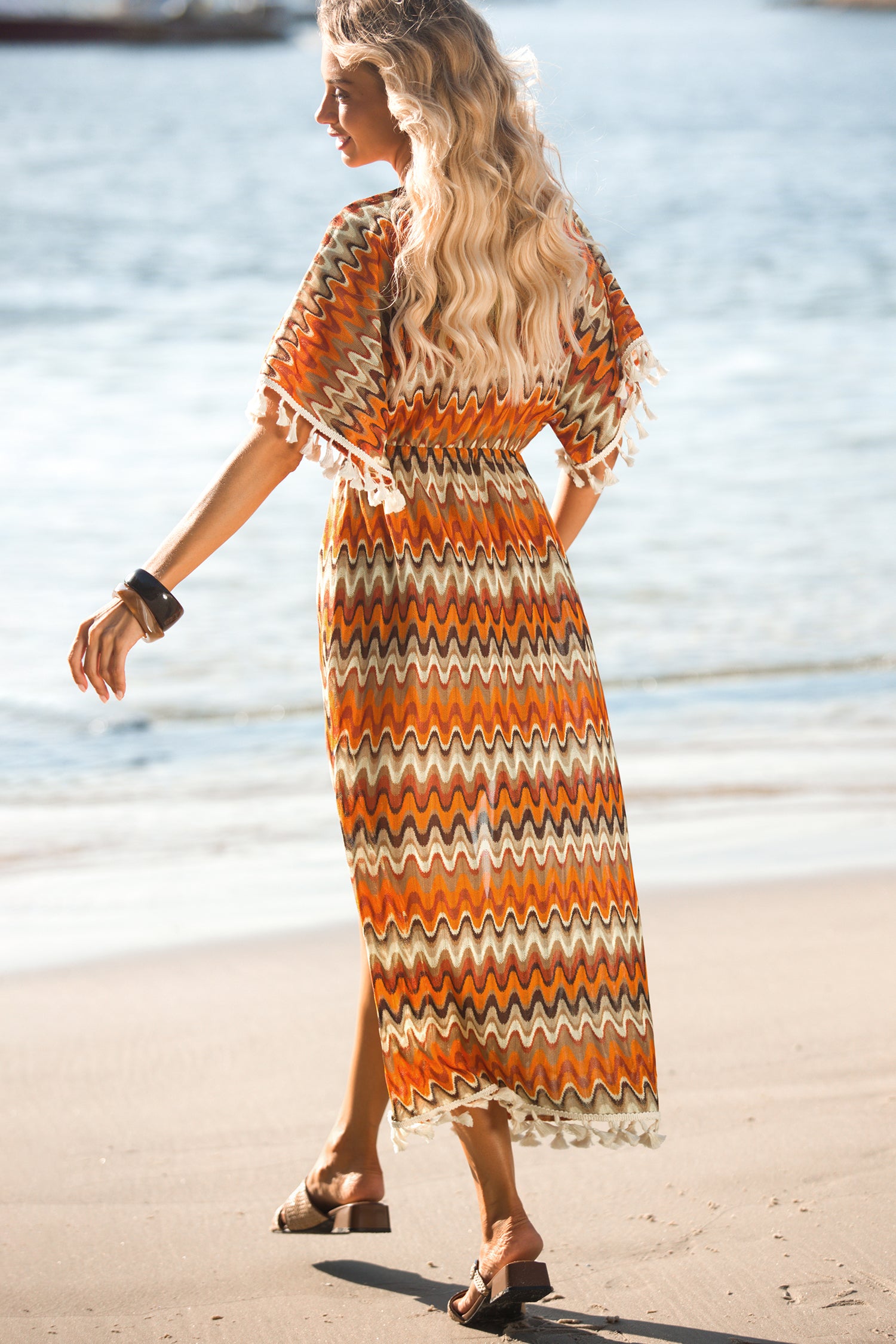 Orange Abstrakter Strand-Kimono mit Bindeband