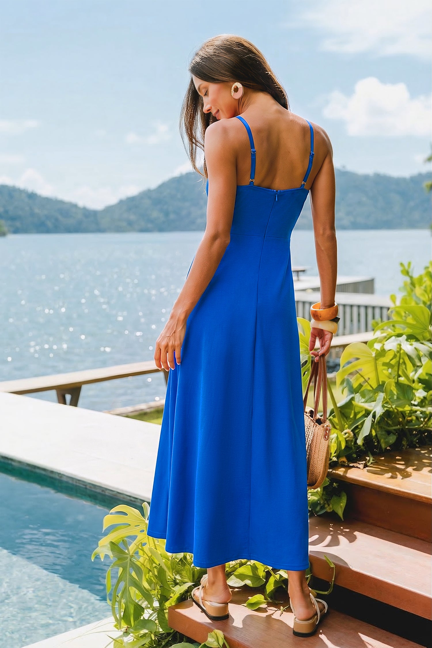 Blaues V-Ausschnitt Maxi-Urlaubs-Sommerkleid