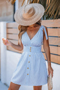 Blau Gestreiftes Ärmelloses V-Ausschnitt Mini-Strandkleid