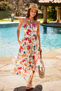Rosa Geblümtes Hoher Ausschnitt Midi-Urlaubs-Sommerkleid