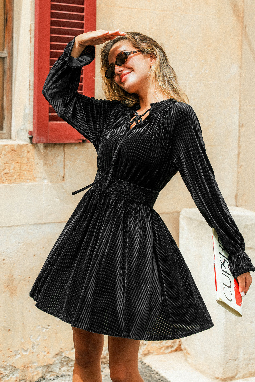 Schwarzes Festliches Langarm Minikleid