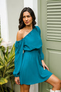 Blaues Langarm Minikleid mit asymmetrischem Ausschnitt