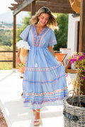 Blaues Boho Maxi-Strandkleid mit Kordelzug