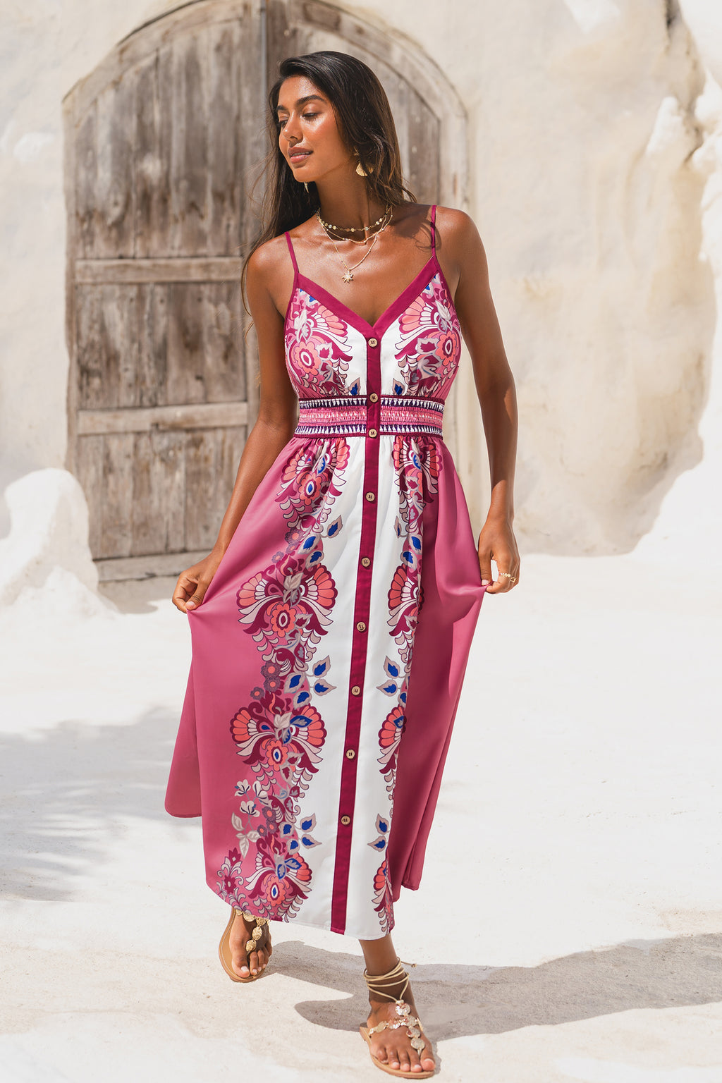 Rot geblümtes Midi-Strandkleid