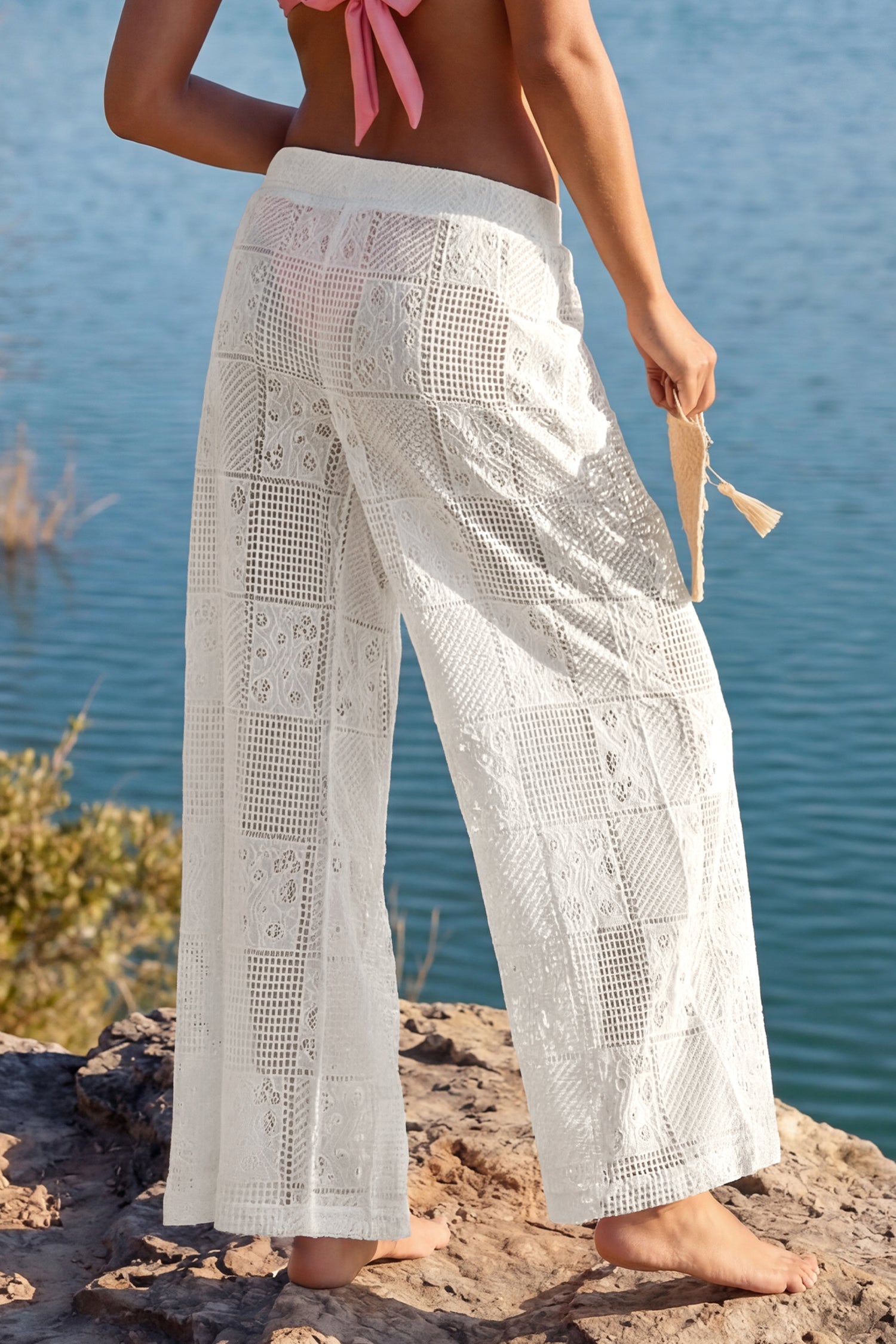 Weiße Gummizug-Bund Wide-Leg Strandhose