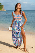 Lila geblümtes Maxi-Strandkleid mit eckigem Ausschnitt