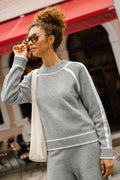 Grauer Langarmpullover mit Rundhalsausschnitt und Kontrastdetails