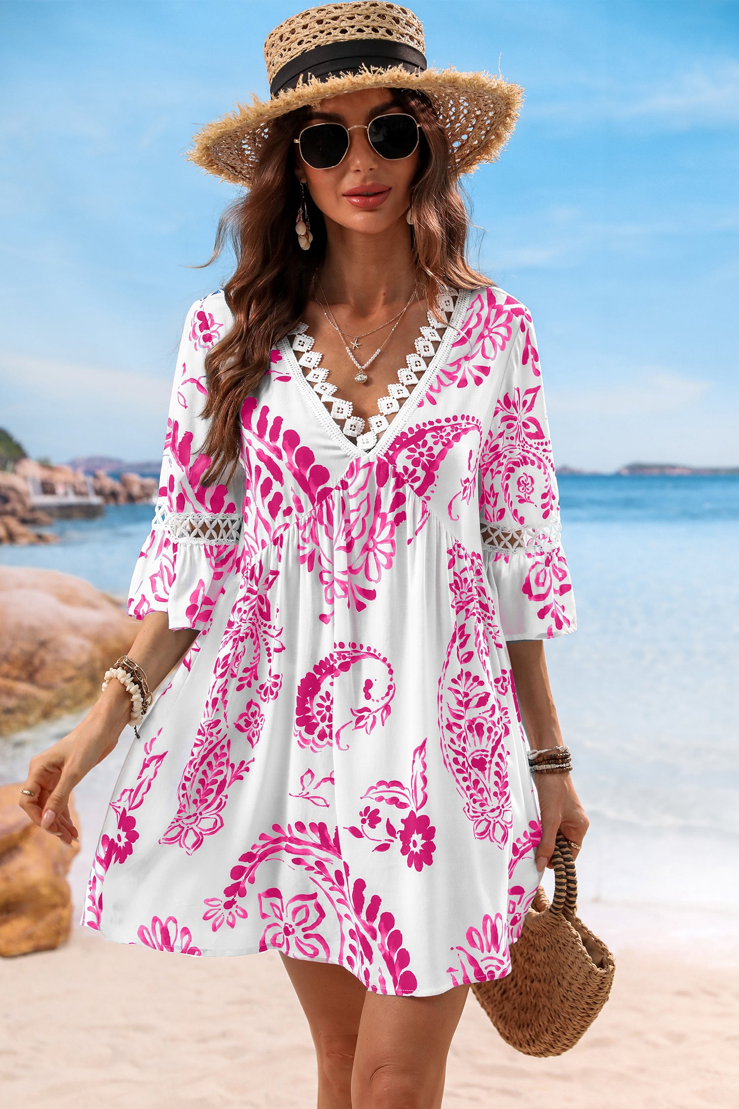 Paisley fließendes Mini-Strandkleid mit Halbärmeln