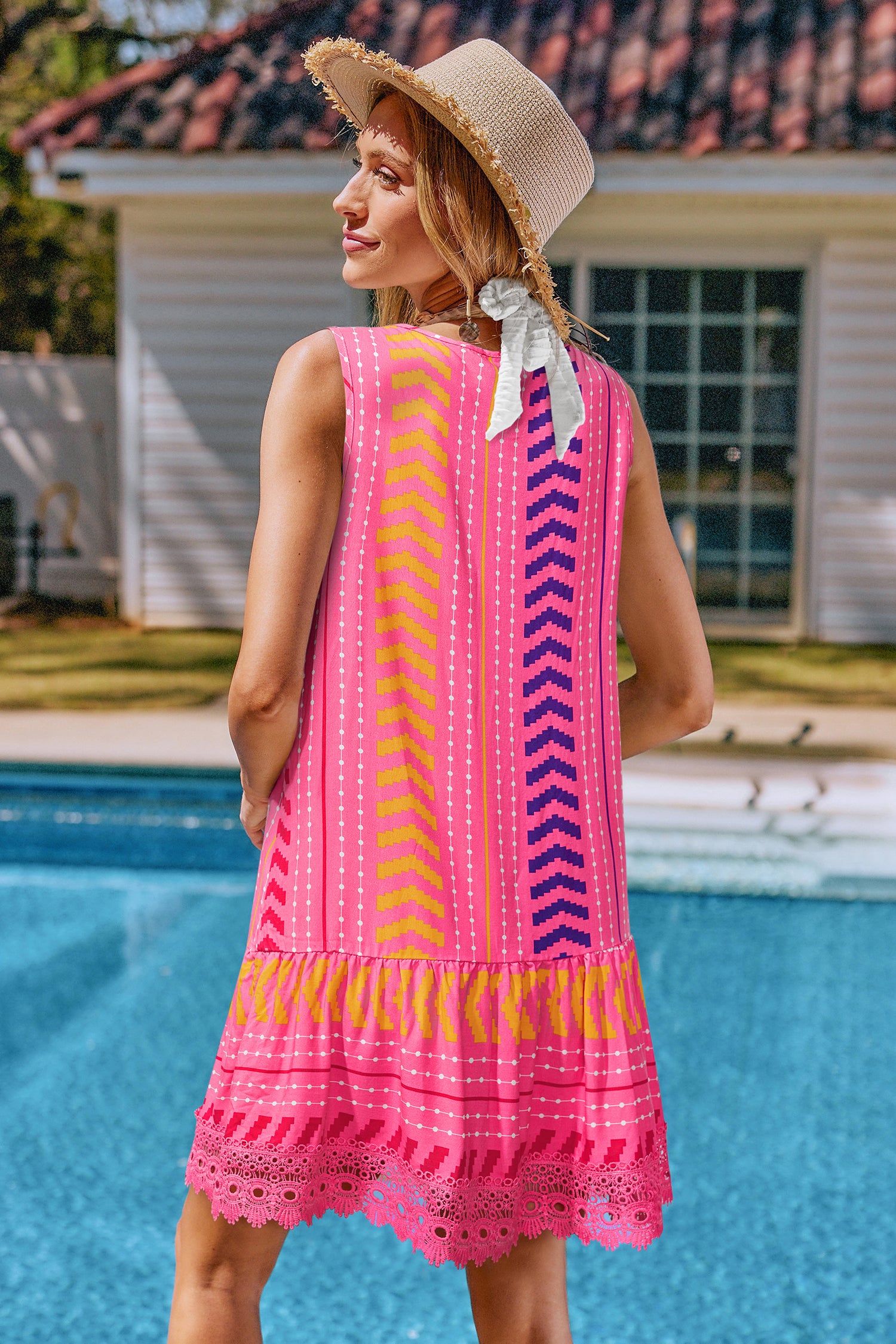 Rosa Geometrischer Print V-Ausschnitt Mini-Strandkleid