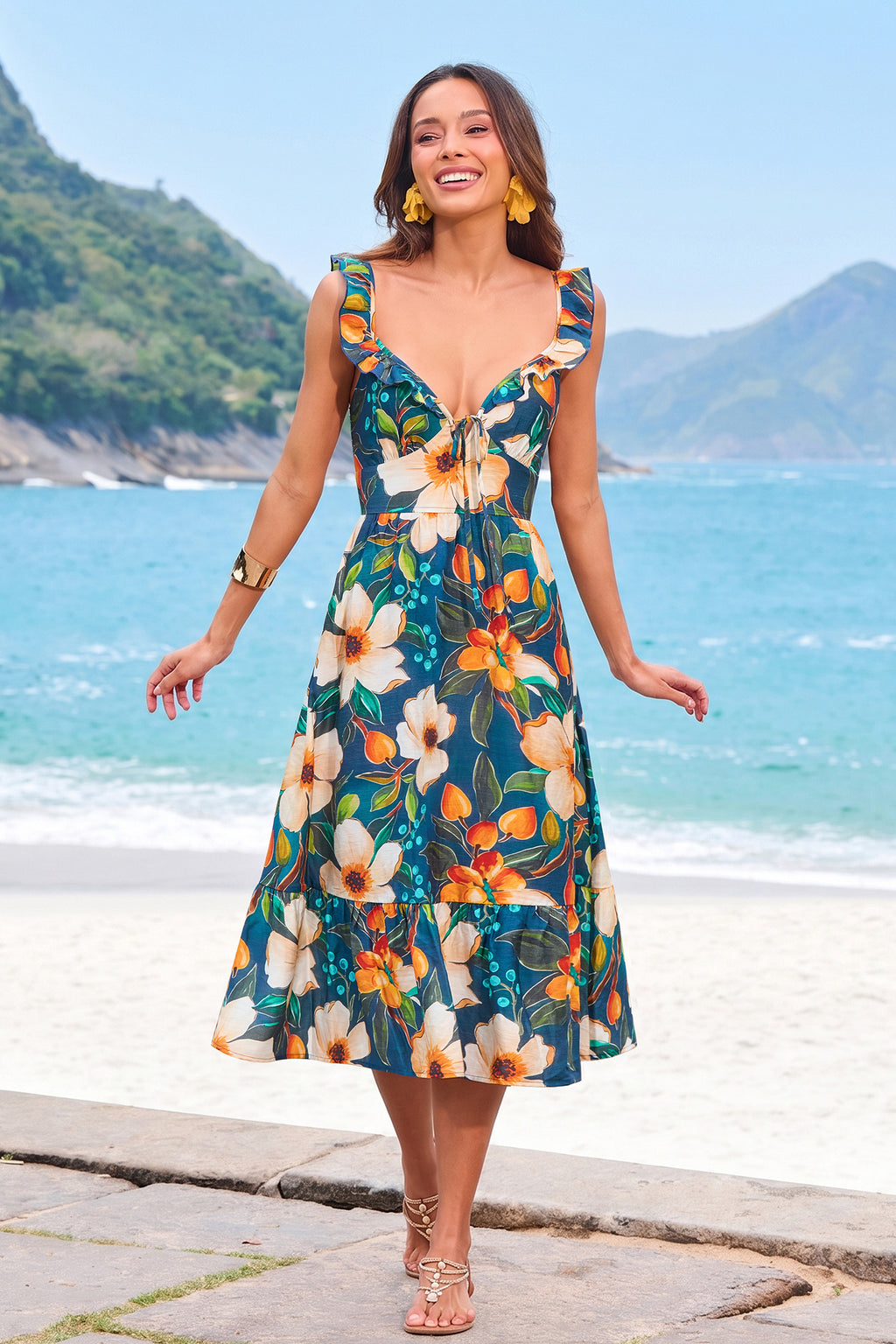 Geblümtes Midi-Sommerkleid mit tiefem Ausschnitt