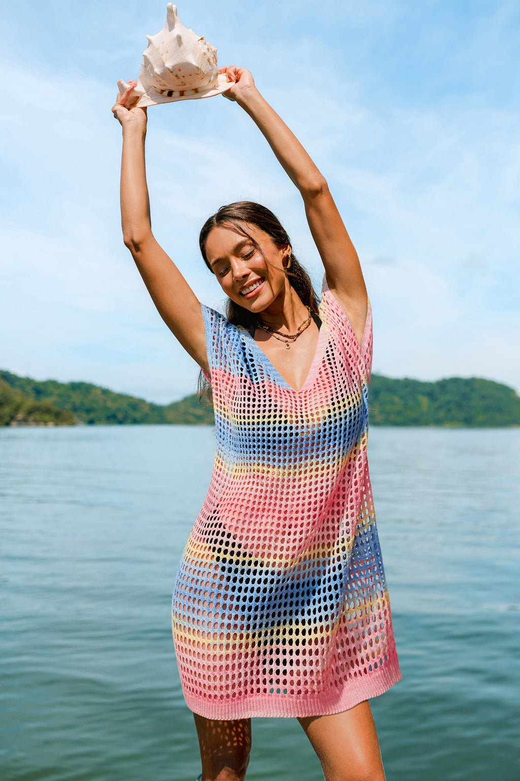 Bunt Gestreiftes Kurzarm Mini-Strick-Strandkleid