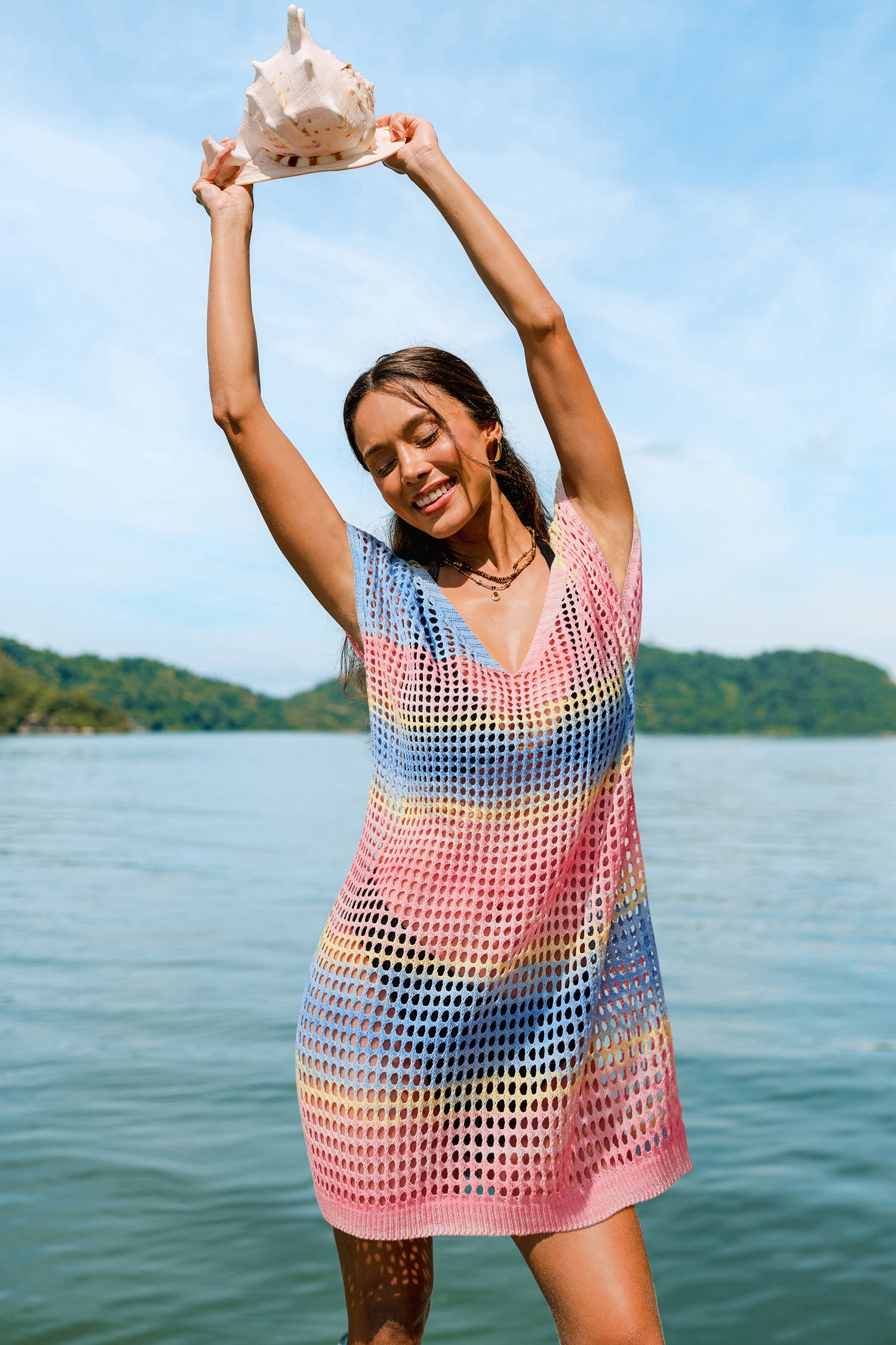 Bunt Gestreiftes Kurzarm Mini-Strick-Strandkleid