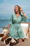Grünes V-Ausschnitt Halbarm Mini-Strandkleid