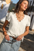 Beige Kurzarm Strick-Spitzen-Bluse mit V-Ausschnitt